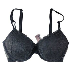 Victoria's Secret Lace Overlay Lined Demi Bra Black 32DD Adj Trim Mesh Underwire